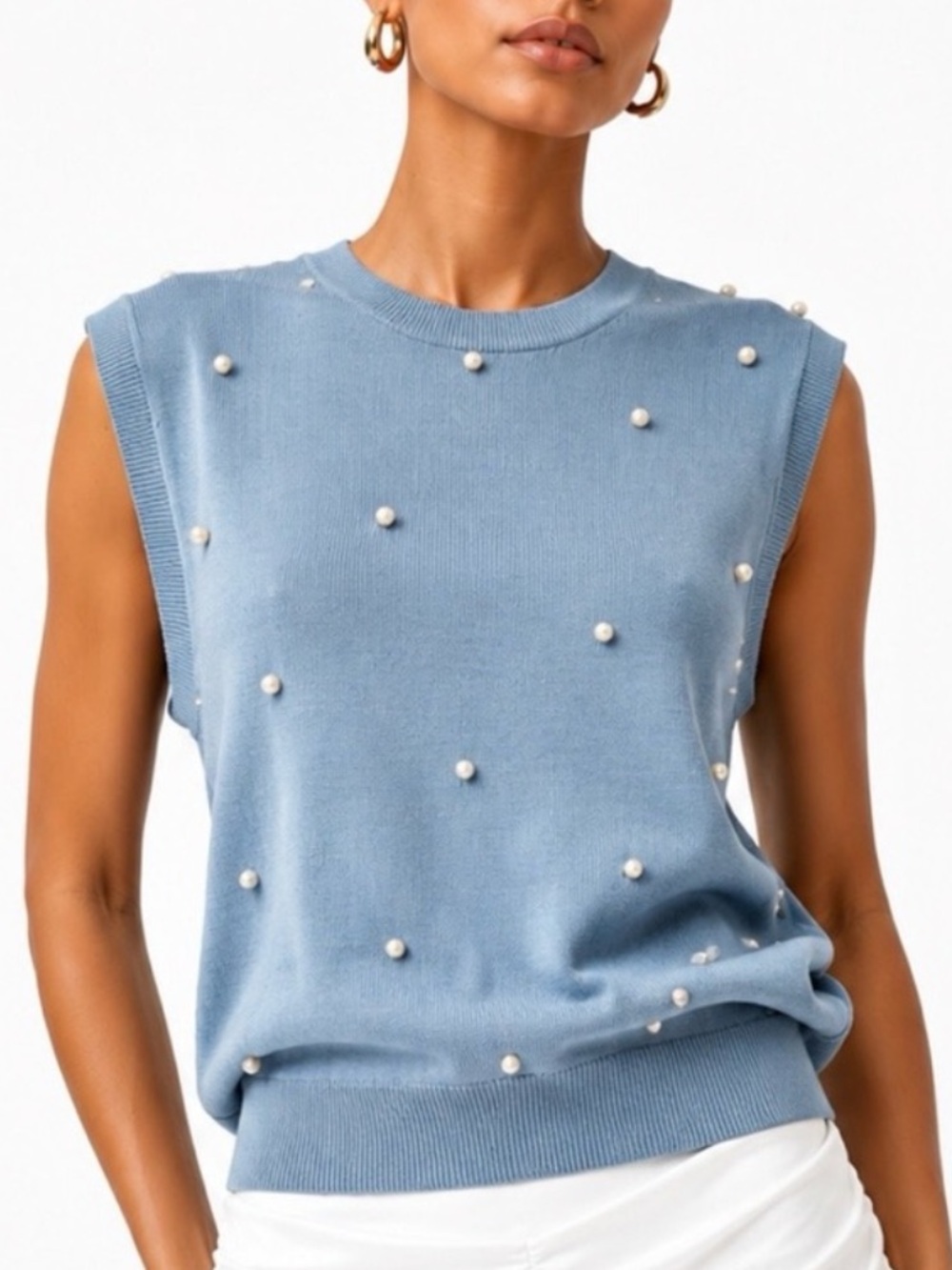 KARL LAGERFELD Light Blue Pearl-Studded Tank Top Size XL
